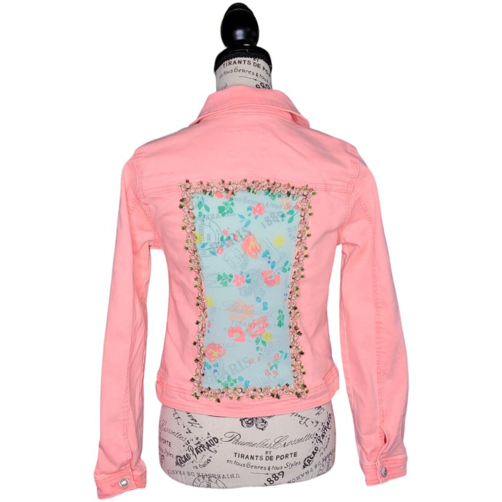 Peach denim floral fun refashioned jacket by FancyMadame1002